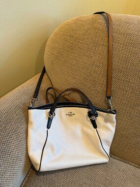 Coach Leather Satchel Cream Black Trim Crossbody Bag